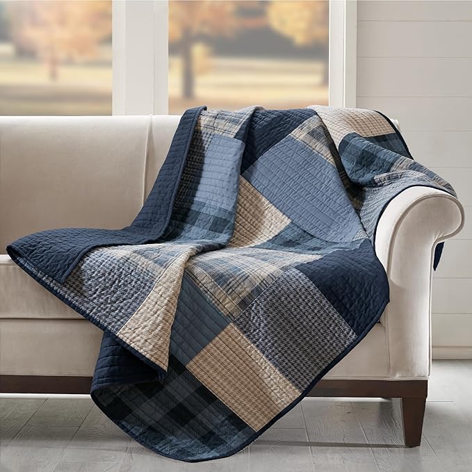 Woolrich Reversible 100% Cotton Throw Cabin Lifestyle Plaid Design - All Season, Breathable, Lightweight, Luxe Double Sided Quilting for Bed, Couch, and Sofa Winter Hills, Tan 50"x70"