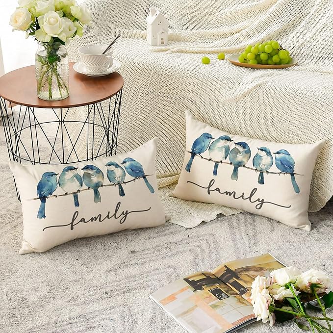 AVOIN colorlife Home Sweet Home Bluebird Family Watercolor Throw Pillow Cover, 12 x 20 Inch Blue Cushion Case Decoration for Sofa Couch Set of 2