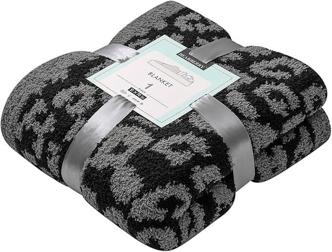 bearberry Fuzzy Leopard Knitted Throw Blanket Soft Cozy Warm Microfiber Blanket for Couch Sofa Bed Travel(Graphite/Carbon, 51"x70")