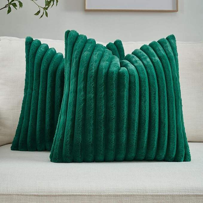 FUTEI Emerald Green Decorative Throw Pillow Covers Set of 2, 18x18 Inch Soft Fluffy Faux Fur Plush Striped Cushion Cases, Modern Home Decor for Couch Bed Living Room