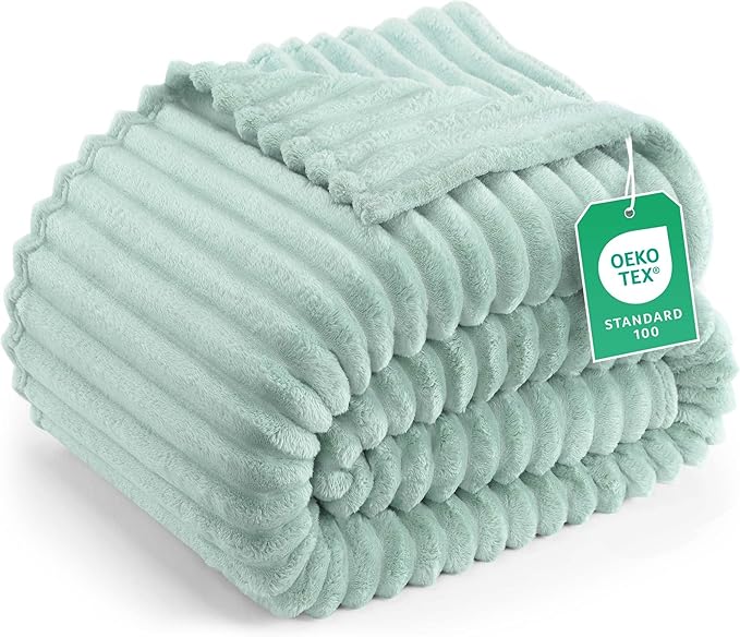 Utopia Bedding Sage Green Striped Fleece Blanket Queen Size – Fluffy, Warm & Lightweight Ribbed Throw for Bed, Sofa & Chair - Soft Cozy Blanket for Home Décor & Gifting (90x90 Inches)