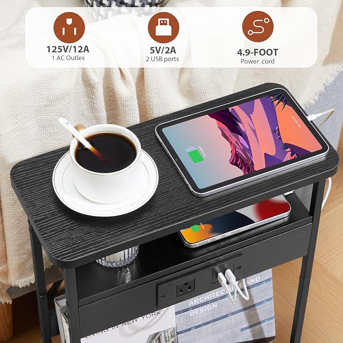Narrow Side Table with Charging Station, 3-Tier End Table with 2 USB Ports & Power Outlets,Thin Sofa Side Table for Narrow and Small Spaces, Bedside Table Nightstand for Living Room,Black