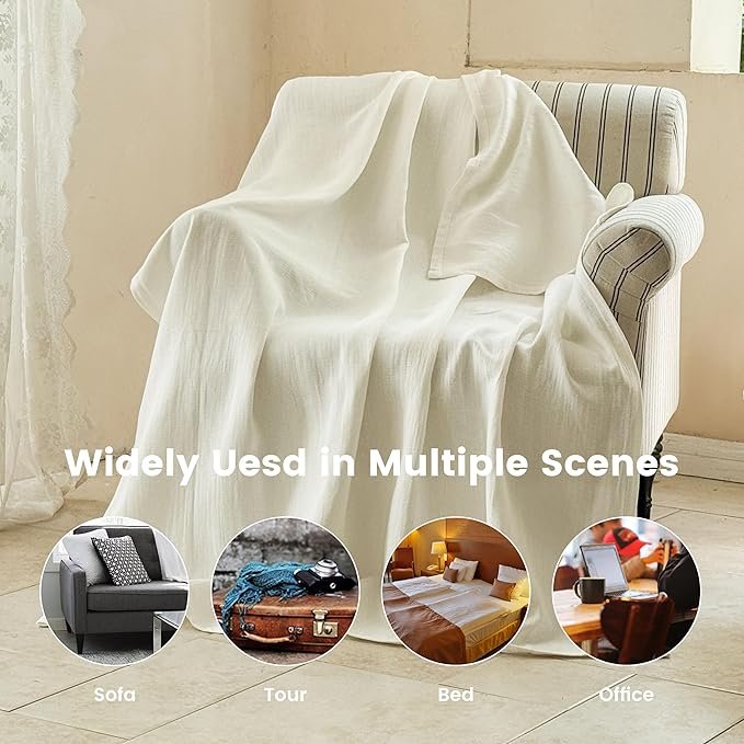 Simple&Opulence Linen Cotton Throw Blanket with Double Layered Folded Edge for Couch/Bed/Sofa/Gift, Natural Flax Solid Color Soft Breathable Cozy Farmhouse Home Décor - White, 50"x60"