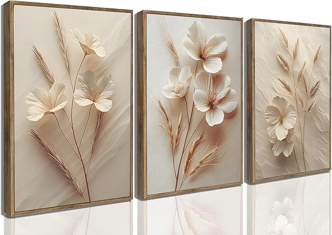 Framed 3D Textured 3Pcs Neutral Beige Floral Botanical Canvas Wall Art Modern Simple Texture Flower Plant Painting Picture Wall Decor Vintage Blossom Poster Print Artwork for Living Room Bedroom Bathroom