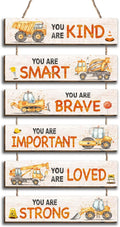 6 Pcs Construction Truck Decor Kids Room Decor, Construction Truck Positive Quotes Wall Art Decor Hanging Plaque Sign for Teens Bedroom Toddler Room, Works of art Made of Wood, Placards of Wood