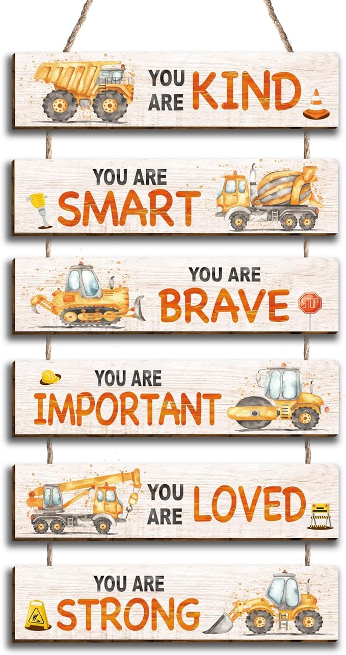 6 Pcs Construction Truck Decor Kids Room Decor, Construction Truck Positive Quotes Wall Art Decor Hanging Plaque Sign for Teens Bedroom Toddler Room, Works of art Made of Wood, Placards of Wood