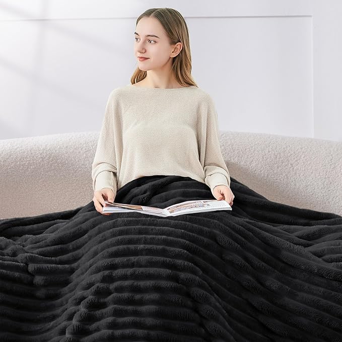 BEDELITE King Size Blanket for Bed, 300GSM Soft & Warm Fleece Blanket, Decorative and Giftable Striped Black Blankets for Women, Men, 108"x90"