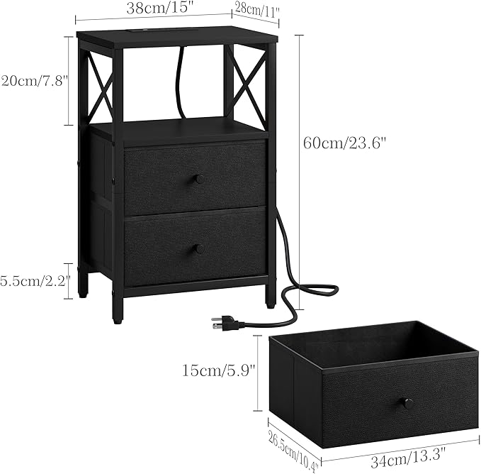 Nightstands Set of 2, Night Stand with Charging Station, Small Bedside Table with Storage Shelf, End Table with USB Ports & Outlets, with Fabric Drawers, for Couch, Bedroom(Black) LET105B-2