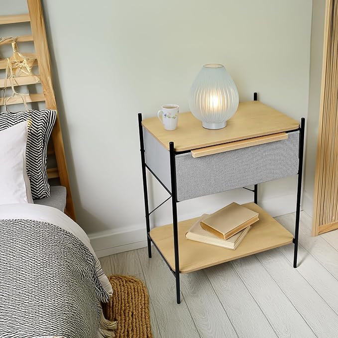 Modern Nightstand with 3-Tier Storage - Water-Resistant Shelves & Fabric Drawer, Sturdy Metal Frame Bedside Table for Bedroom, Dorm, Living Room, Light Gray