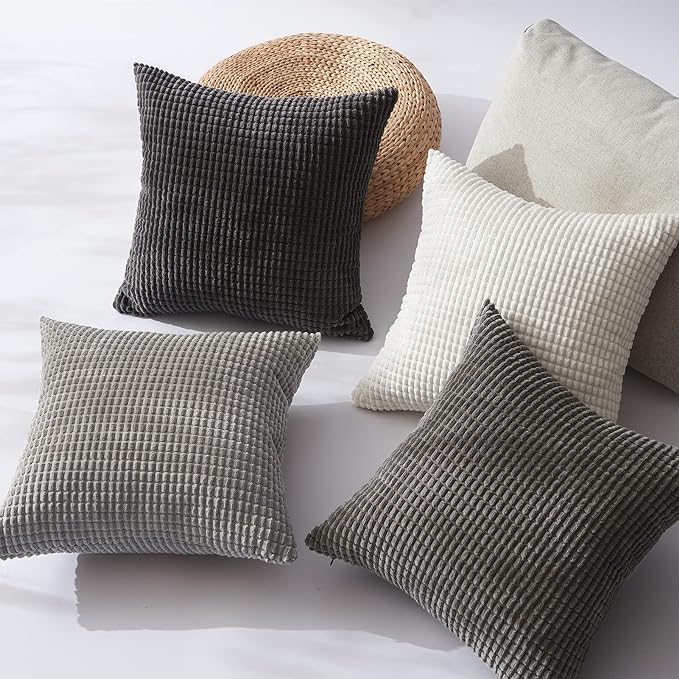 Topfinel 4 Packs Grey Decorative Throw Pillow Covers 26x26 Inch for Living Room Couch Bed Sofa, Boho Western Farmhouse Home Decor, Square Soft Moss Corduroy Fall Cushion Case 65x65 cm