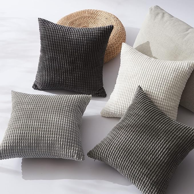 Topfinel Grey Couch Pillow Covers for Living Room 45x45 cm Set of 4,Mid Century Modern White Neutral Corduroy Corn Throw Pillows,Rustic Square Bench Chair Cushion(18 Inch/Grey) (Pack of 2)