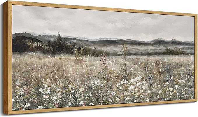 SHENIFY Vintage Framed Wall Art Meadow with Flowers Landscape Painting Retro Scenery Farmhouse Bedroom Living Room Decor - 8x16in Natural Framed