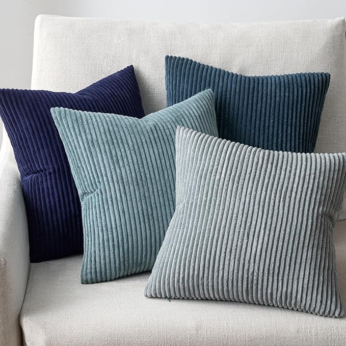 EMEMA Coastal Blue Decorative Throw Pillow Covers 18x18 Inch Set of 4 Boho Farmhouse Corduroy Striped Square Pillow Case,Western Modern Cushion Covers for Couch Bed Livingroom Home Decor
