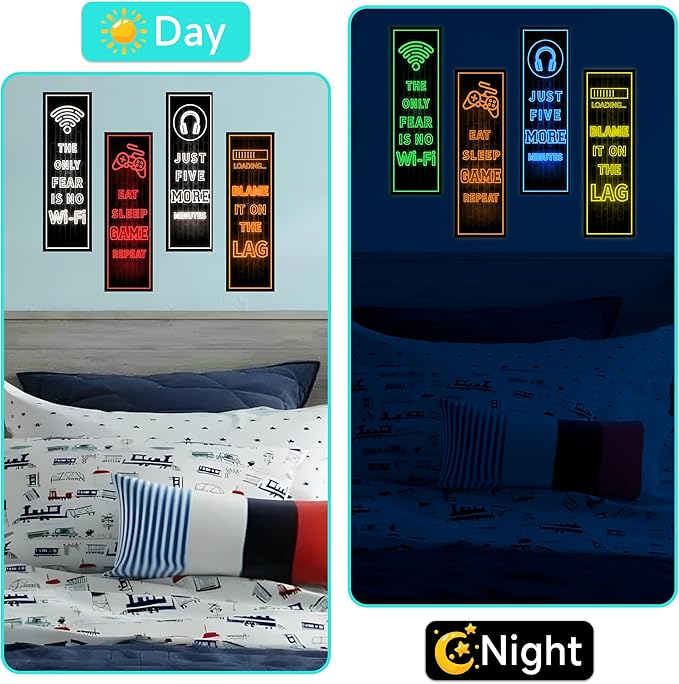 Eat Sleep Game Wall Decals Glow in The Dark, Gamer Controller Stickers Decor for Boy Bedroom, Joystick Video Gaming Kids Playroom Nursery Decoration