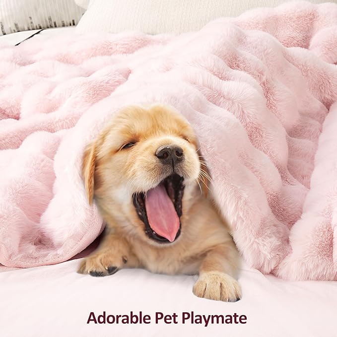 JONIYEAR Decorative Soft Fluffy Bubble Faux Rabbit Faux Fur Throw Blanket 50" x 60",Reversible Cozy Accent Thick Warm Furry Blankets for Winter,Lovely Cute Washable Plush Fuzzy Blanket for Women, Pink
