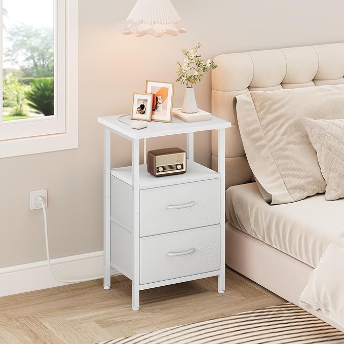Vagusicc Nightstand with Charging Station, End Table with Fabric Drawers, Side Tables with Storage Shelf, 24.2" Tall Bedside Table with USB Ports & Outlets, Night Stand for Bedroom, White