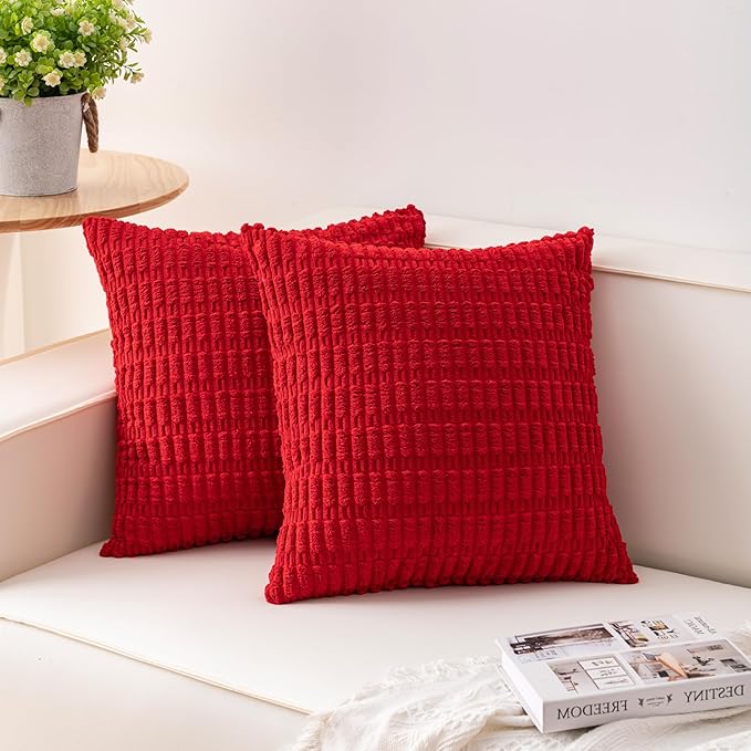 Aegero Pack of 2 Christmas Red Corduroy Decorative Throw Pillow Covers 24x24 Inch Soft Striped Pillow Covers Modern Farmhouse Home Decor for Sofa Living Room Couch Bed（Red）
