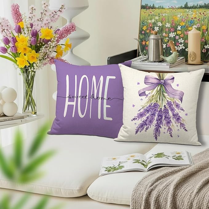 Spring Pillow Covers 18x18 Inch Set of 4 Lavender Home Sweet Home Purple Throw Pillows Decorative Pillow Cases Summer Seasonal Farmhouse Decorations for Sofa Couch