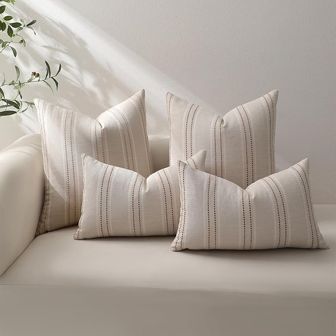 Hckot Fall Throw Pillow Covers 16x16 Set of 2 Striped Pillow Covers Textured Linen Decorative Pillows Square Cushion Covers for Sofa Couch Bed Living Room Farmhouse Decor(Caramel)