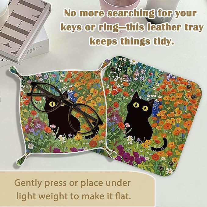 Black Cat Gifts Jewelry Valet Tray for Women, Cottagecore Floral Black Cat PU Leather Catchall Beside Caddy Nightstand Organizer Tray for Jewelry Rings Watches and Accessories, 7.87x7.87in