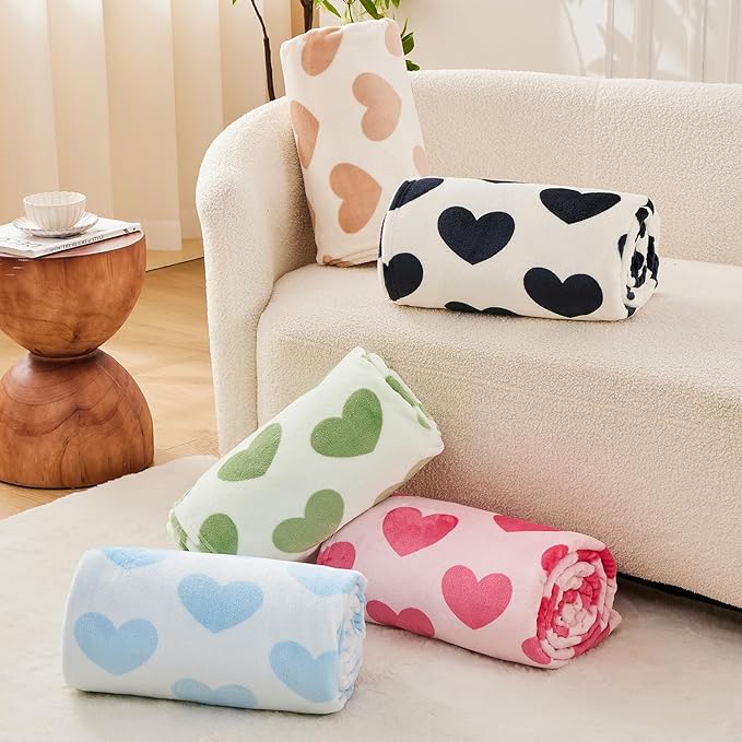 FY FIBER HOUSE Heart Flannel Throw Blanket Soft Cozy Blankets for Lover Gifts All Season Use, 60x80 Inches, Sage Green