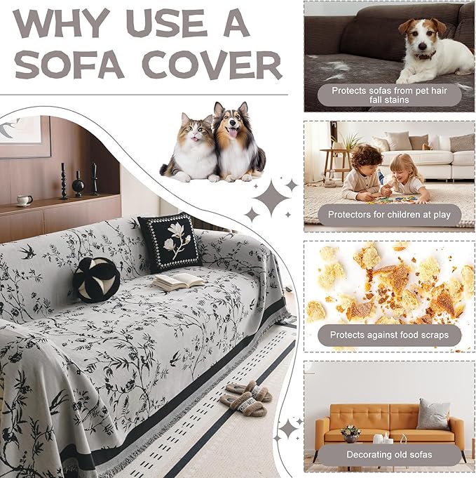 HANDONTIME Couch Cover for Dogs Washable Bird Floral Pattern Slipcovers for Couches and Sofas Grey Sofa Covers with Black Jacquard Flower Chenille Couch Cover Blanket Pet Friendly, 71" X 150"