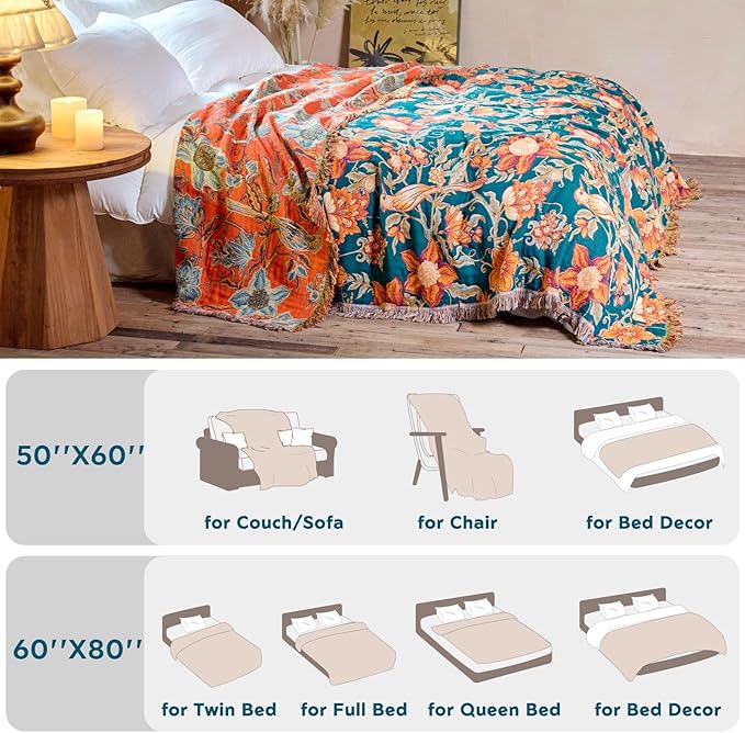 Boho Throw Blanket 50"x60" 100% Cotton Couch Blanket, Breathable Lightweight Spring Decorative Reversible Blankets with Fringe for Sofa Chair Bed Vintage Decor