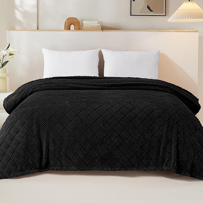 Whale Flotilla Fuzzy Fleece Queen Size Blanket for Bed, Soft Fluffy Jacquard Waffle Blankets for All Season, Lightweight and Warm, 90x90 Inch, Black