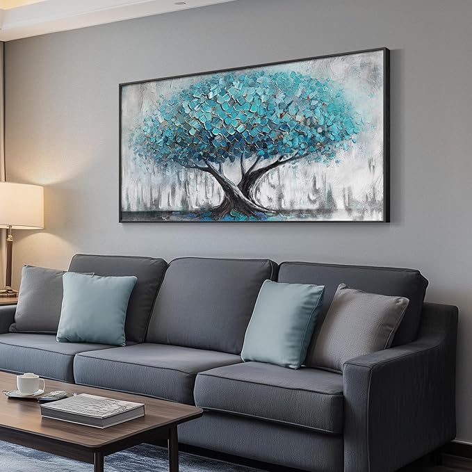 Large Framed Tree of Life Wall Art, Modern Canvas Prints Paintings Artwork for Walls, Rustic Blue Big Tree Pictures for Living Room Fireplace Bedroom Dining Room Office Wall Decor 30x60 Inch