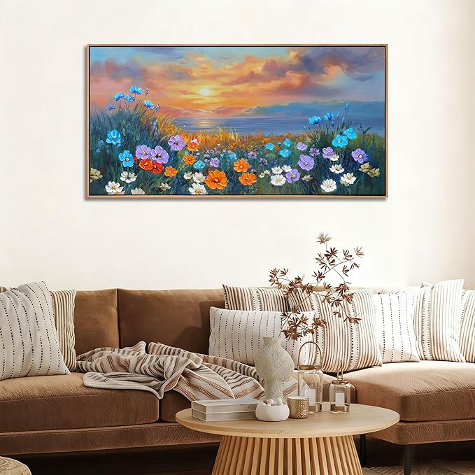 Ardemy Wildflower Wall Art for Living Room Large Framed Floral Canvas Pictures Bedroom Wall Decor, Sunset Painting Flower Textured Artwork for Wall Dining Room Home Office 48"x24"