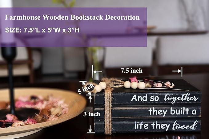 LIVDUCOT Book Stack Decor Black | Farmhouse Stacked Books | Coffee Table Books Decor | Wooden Bookstack Mantle Decoration | And So Together They Built A Life They Loved 7.5x5x3'