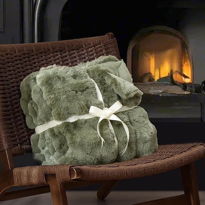 PHF Luxury Faux Rabbit Fur Throw Blanket, Ultra Soft Fluffy Plush Cozy Warm Bubble Blanket for Bed, Couch, Sofa Decorative, Thick Reversible Throw Suitable for Fall & Winter, 50" x 60", Olive Green