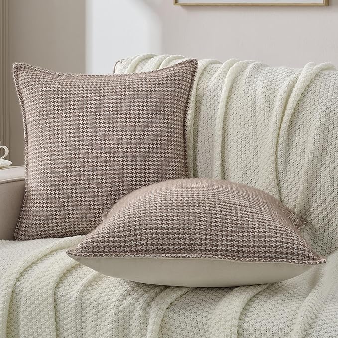 FUTEI Coffee Decorative Throw Pillow Covers 20x20 Inch Set of 2,Soft Houndstooth Gingham Textured Cushion Case,Modern Home Decor for Couch Bed Living Room