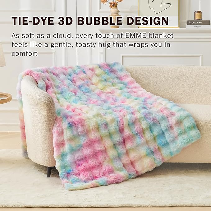 EMME Faux Fur Blanket Queen Size Rainbow - Big Bubble Rabbit Cozy Blanket for Couch, Thick Furry Plush Shaggy Blankets, 650GSM, 90x90 Inches
