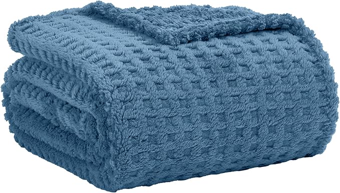 Soft Cozy Fuzzy Fleece Queen Size Blanket, Waffle Slate Blue, 90x90 Inches – Lightweight, Fluffy, and Warm 3D Jacquard All-Season Blanket for Bed, Couch, Sofa, Camping, and Travel