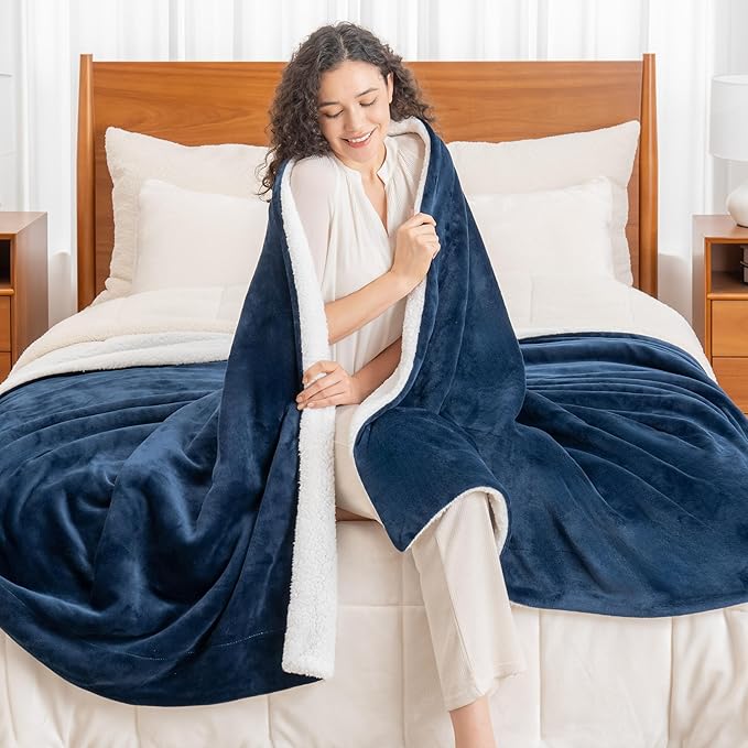 Berkshire Blanket-Sherpa Fleece Blanket, Warm and Soft Loftmink Reversible Blanket for Bed, Sofa and Travel, Dress Blues, 60 in x 90 in