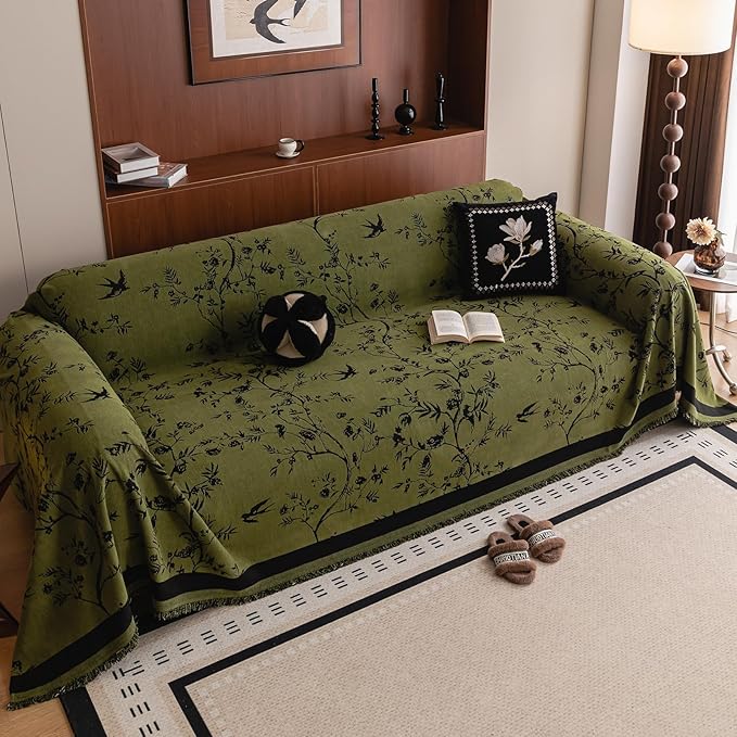HANDONTIME Couch Cover for Dogs Washable Bird Floral Pattern Slipcovers for Couches and Sofas Green Sofa Covers with Black Jacquard Flower Chenille Couch Cover Blanket Pet Friendly, 71" X 134"