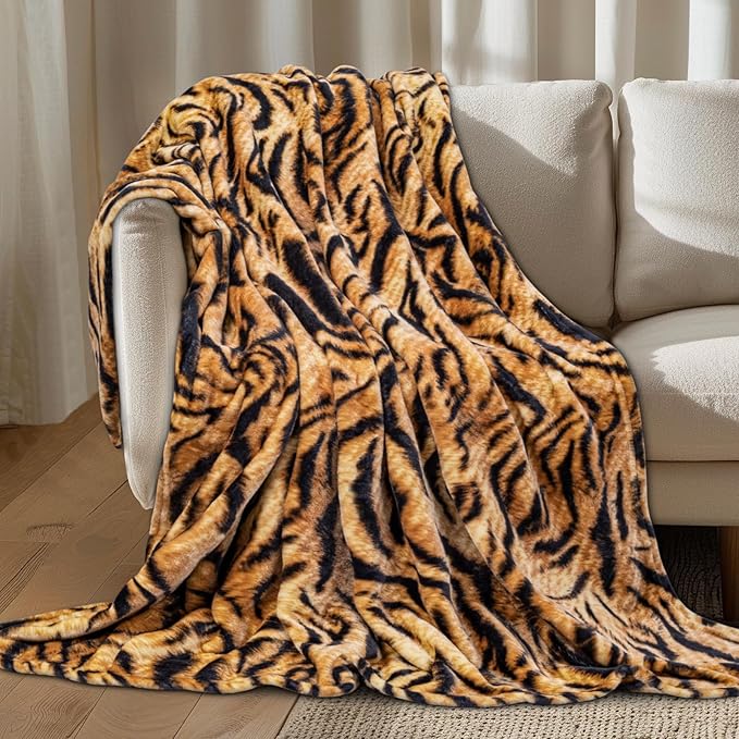 MACEVIA Flannel Fleece Throw Blanket for Couch, Brown Tiger Print Blanket, Fuzzy Cozy Comfy Super Soft Fluffy Plush Animal Print Blankets for Bed Sofa, Suitable for All Seasons (Tiger,50x60inches)