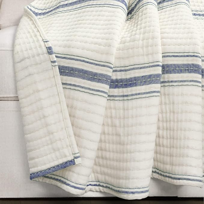 Lush Decor Farmhouse Stripe Kantha Pick Stich Yarn Dyed Cotton Woven Throw Reversible Ticking Pinstripe Design Blanket, 50" x 60", Navy