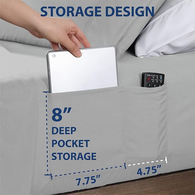 Swift Home Smart Sheets, Ultra Soft Brushed Microfiber 3-Piece Sheet Set, Fitted Bed Sheet with Side Storage Pockets – Silver, Twin XL