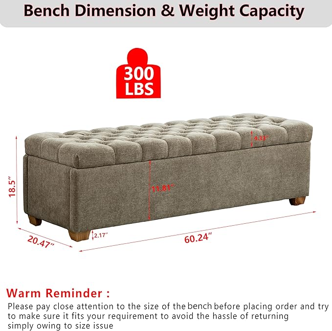 60.2" Storage Ottoman Bench for Bedroom Bed End,Chenille Bench with Seating,Button Tufted Ottomans with Storage for Living Room,Bedside,Entryway (Chenille Taupe, 60.2")