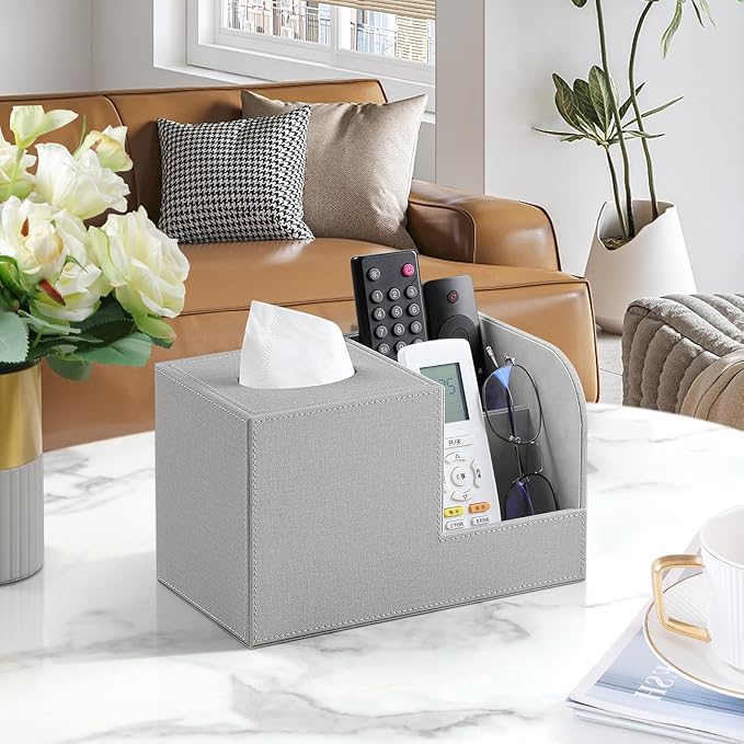 PU Leather Tissue Box Cover with Remote Control Holder, Square Tissue Box Holder for Living Room Bathroom Office (Grey)
