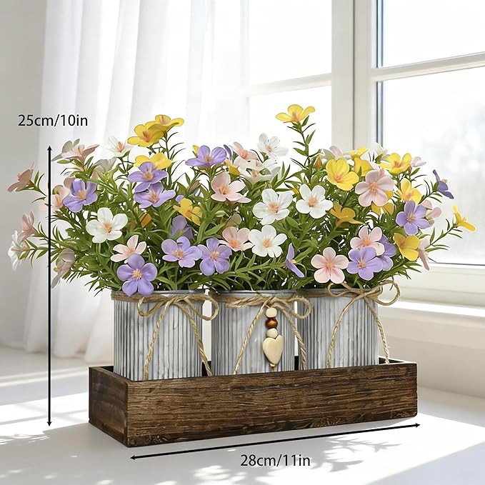Artificial Gypsophila Baby's Breath, Rustic Table Centerpieces Home Decor for Dining Room, Farmhouse Wood Planter Box with 3 Galvanized Metal Pots Decorative Table Centerpiece