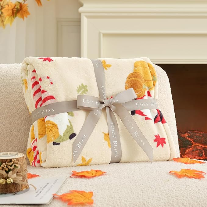 Cozy Bliss Pumpkin Gnome Throw Blanket - Warm MilkyPlush Throw Blankets,Ultra Soft Cozy Blankets for Couch,Sofa and Bed,Beige,60X80inches