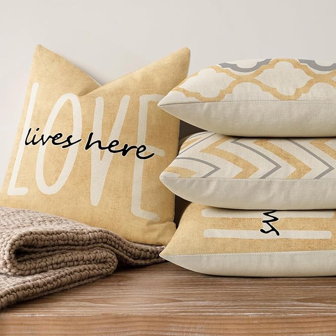 YCOLL Farmhouse Pillow Covers 18x18 Set of 4 Throw Pillow Covers Rustic Linen Decorative Pillows Square Cushion Covers for Couch Sofa Bedroom Home Decor