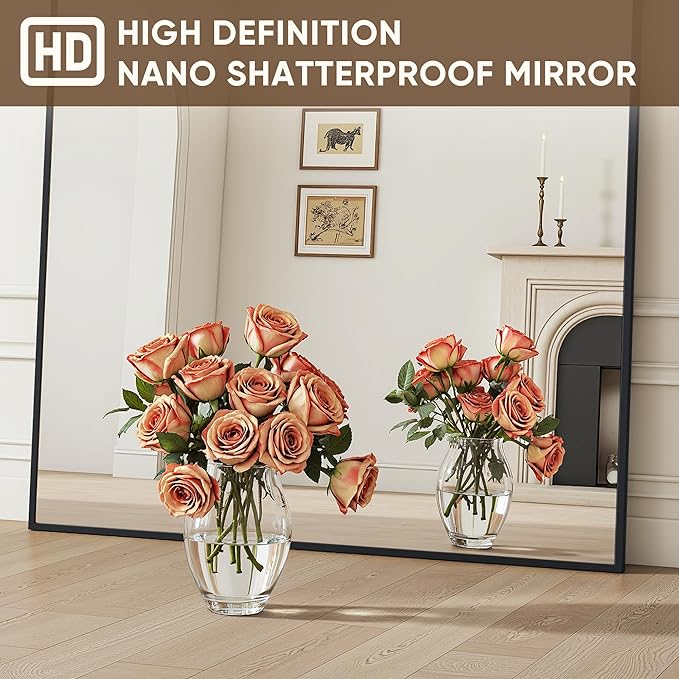 Antok Full Length Mirror, 71"x32" Floor Mirror with Stand, Hanging Mounted Mirrors for Bedroom, Living Room, Cloakroom, Dining Room, Black, Rect