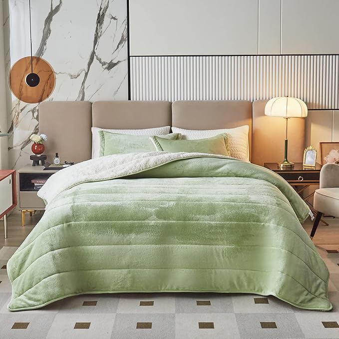 3-Layer Luxury Flannel Fleece Thick Bed Blanket Full Queen Size, Soft Plush Velvet Sherpa Blanket with 2 Pillow Shams Heavy Warm for Winter, Breathable n Washable, Mint Green