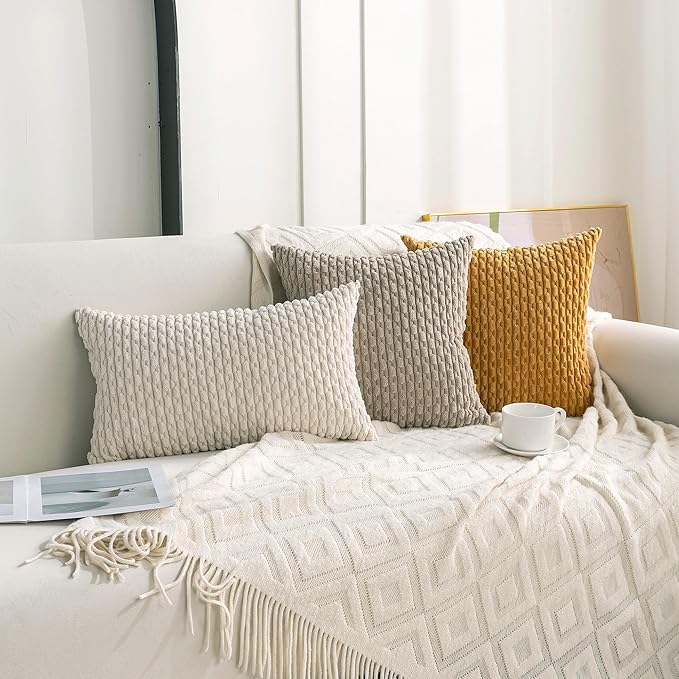Set of 4 Neutral Decorative Throw Pillow Covers 22x22 Inch Corduroy Pillow Covers for Bed Couch Sofa Living Room Soft Square Cushion Cases