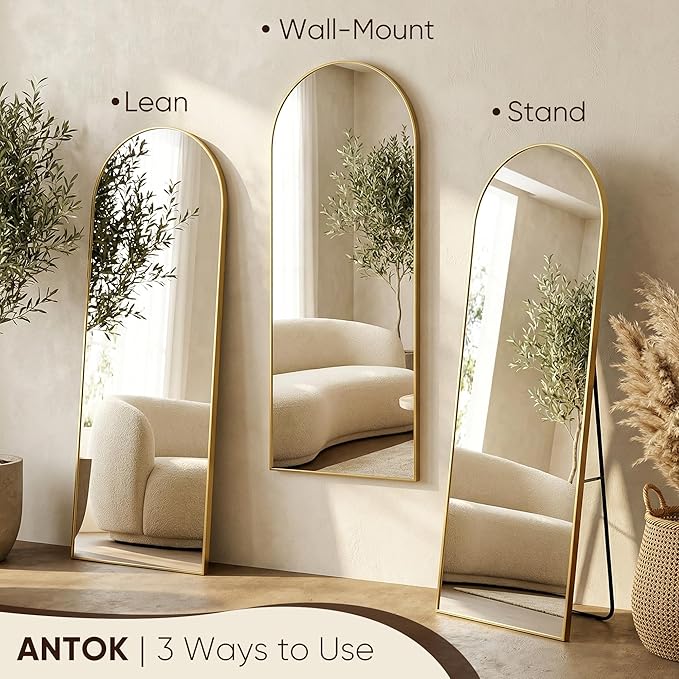 Antok 58" x19” Arched Full Length Floor Mirror, Gold Aluminum Frame, Free Standing/Wall Mount/Leaning for Bedroom, Living Room, Dressing Room