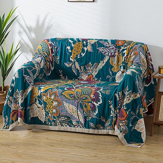 Boho Throw Blanket, 100% Cotton Fall Throws Blanket, King Size Large Bedspread, Floral Rustic Quilt, Farmhouse, Mexican Muslin Blankets for Adults, 90"x98"